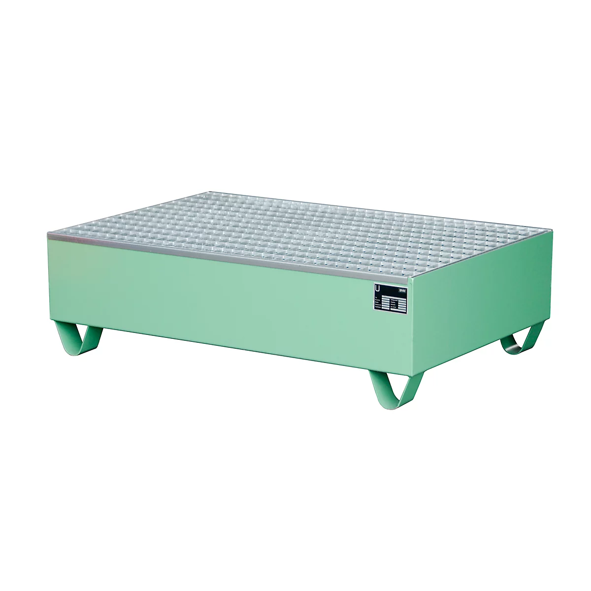 Auffangwanne, für 2 Fässer à 200 l, mit verzinktem Gitterrost, L 1200 x B 800 x H 360 mm, unterfahrbar, Stahl, resed.grün RAL 6011