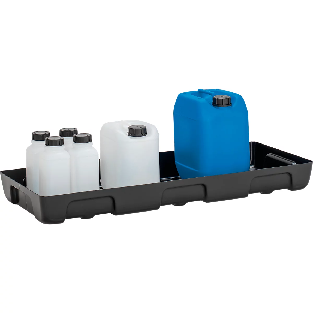 Auffangwanne für Kleingebinde CEMO 10/4, Volumen 21 l, für Regalfachmaß 1000 x 400 mm, ohne Gitterrost, mit Zulassung, stapelbar, Polyethylen, schwarz
