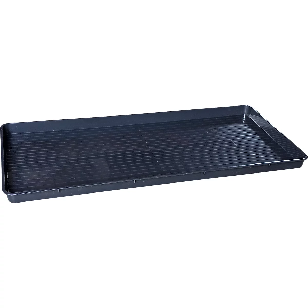 Schwarze, rechteckige Anzuchtschale mit geriffelter Oberfläche.