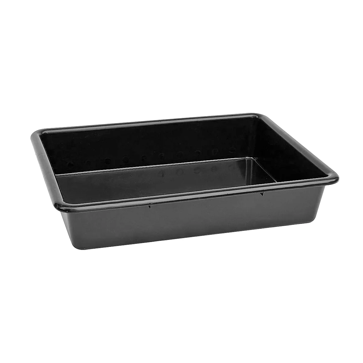 Schwarze, rechteckige Plastikschale mit abgerundeten Kanten, leer, auf weißem Hintergrund.