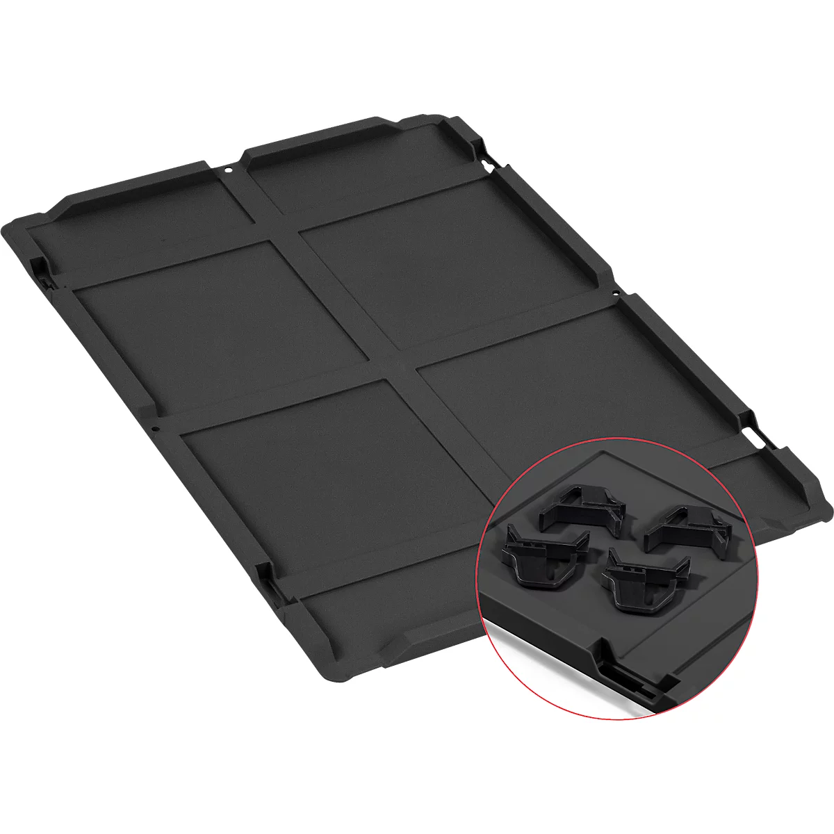 Schwarze Kunststoffplatte mit quadratischer Unterteilung und Detailansicht der Eckverbinder.