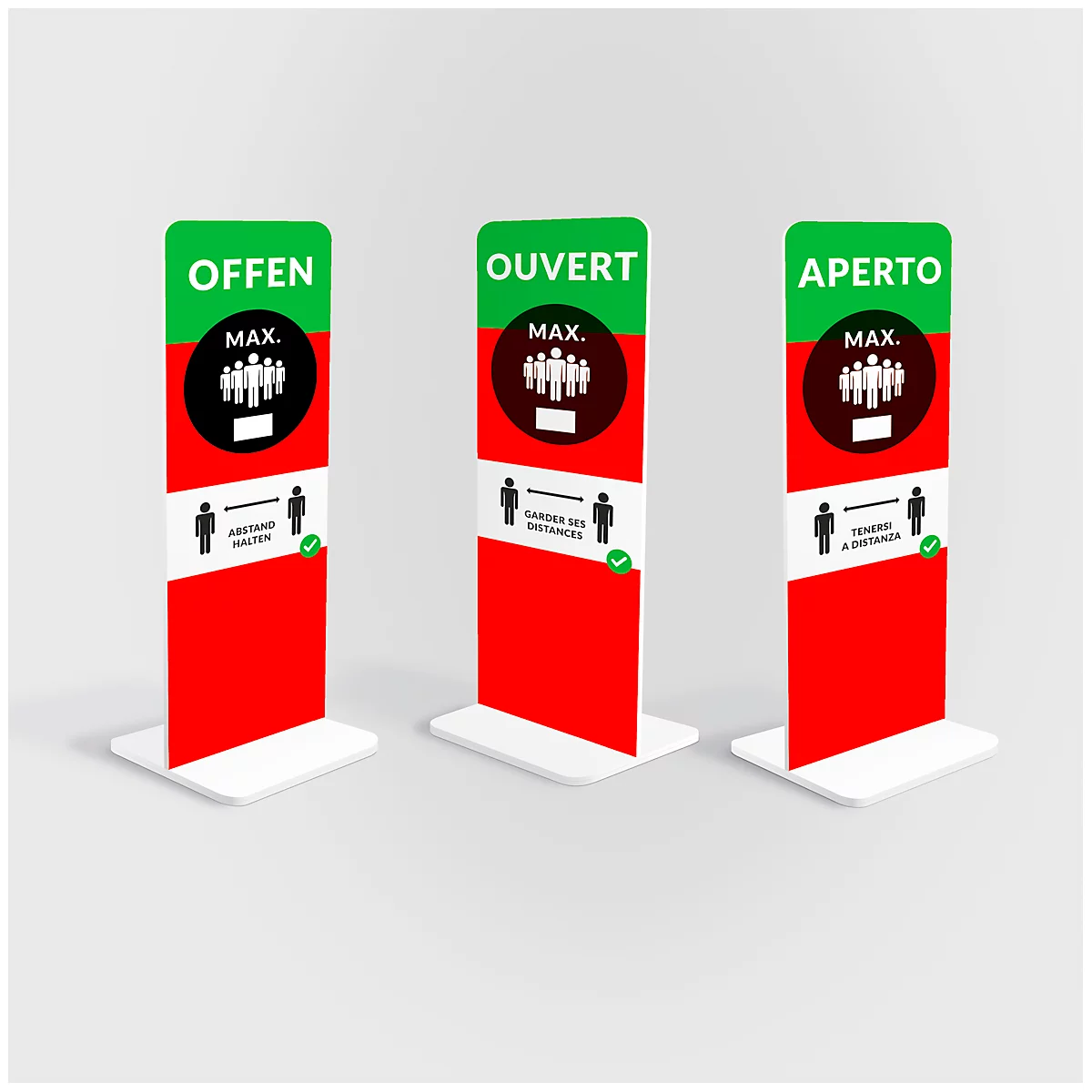 Drei Säulen mit den Worten: OFFEN, OUVERT, APERTO. Sie zeigen Symbole für Personen und Abstand. Rot, grün, weiss.