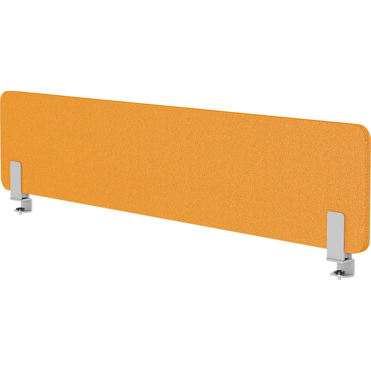 Orangefarbene Schreibtischabtrennung mit Metallklemmen. Rechteckige Form mit abgerundeten Ecken.