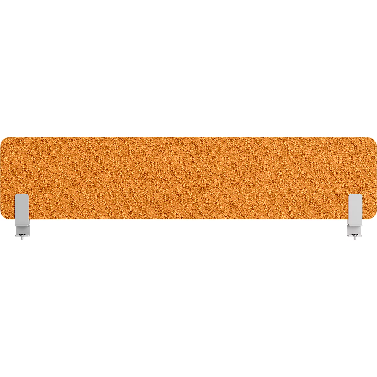 Orangefarbene Schreibtischabtrennung mit zwei silbernen Halterungen.