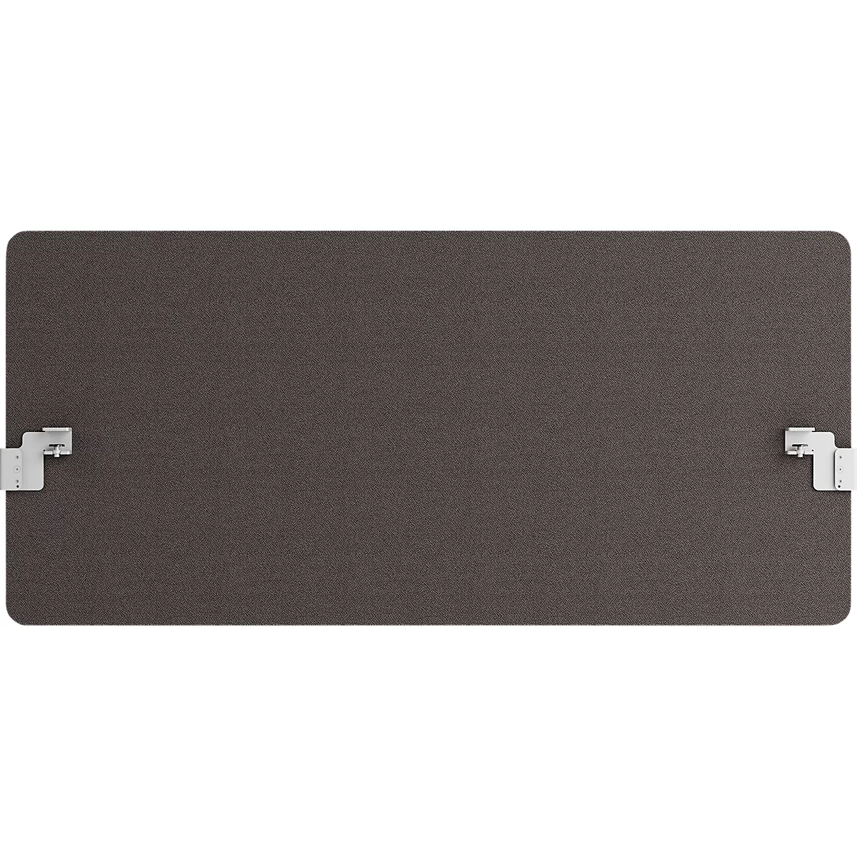 Dunkelgraue Rechtecktafel mit abgerundeten Ecken und weißen Metallhalterungen.