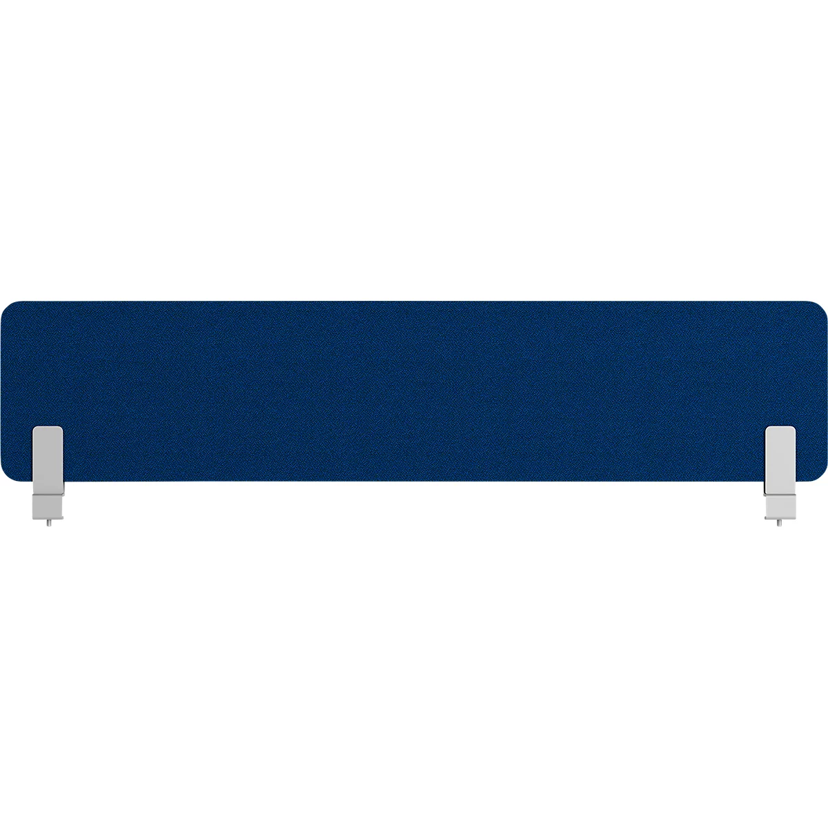 Lange, dunkelblaue Schreibtisch-Trennwand, die von zwei silbernen Klammern gehalten wird.