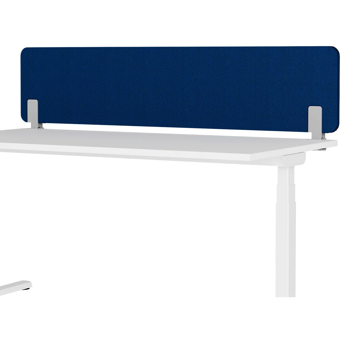 Schreibtisch mit blauem Trennwandaufsatz, weißem Tisch und weißem Gestell.