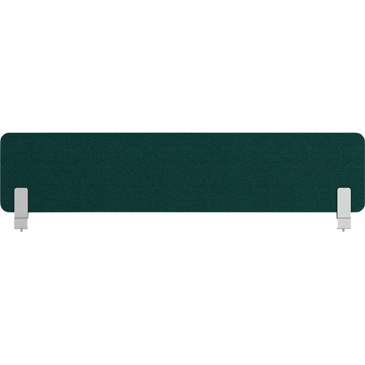 Längliche, dunkelgrüne Schallschutzwand mit weißen Füßen. Rechteckige Form. Neutraler Hintergrund.