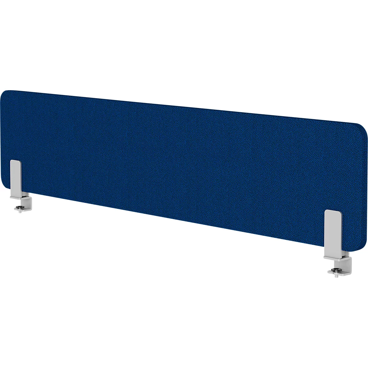 Blaue Schreibtisch-Trennwand mit Halterungen zur Befestigung.
