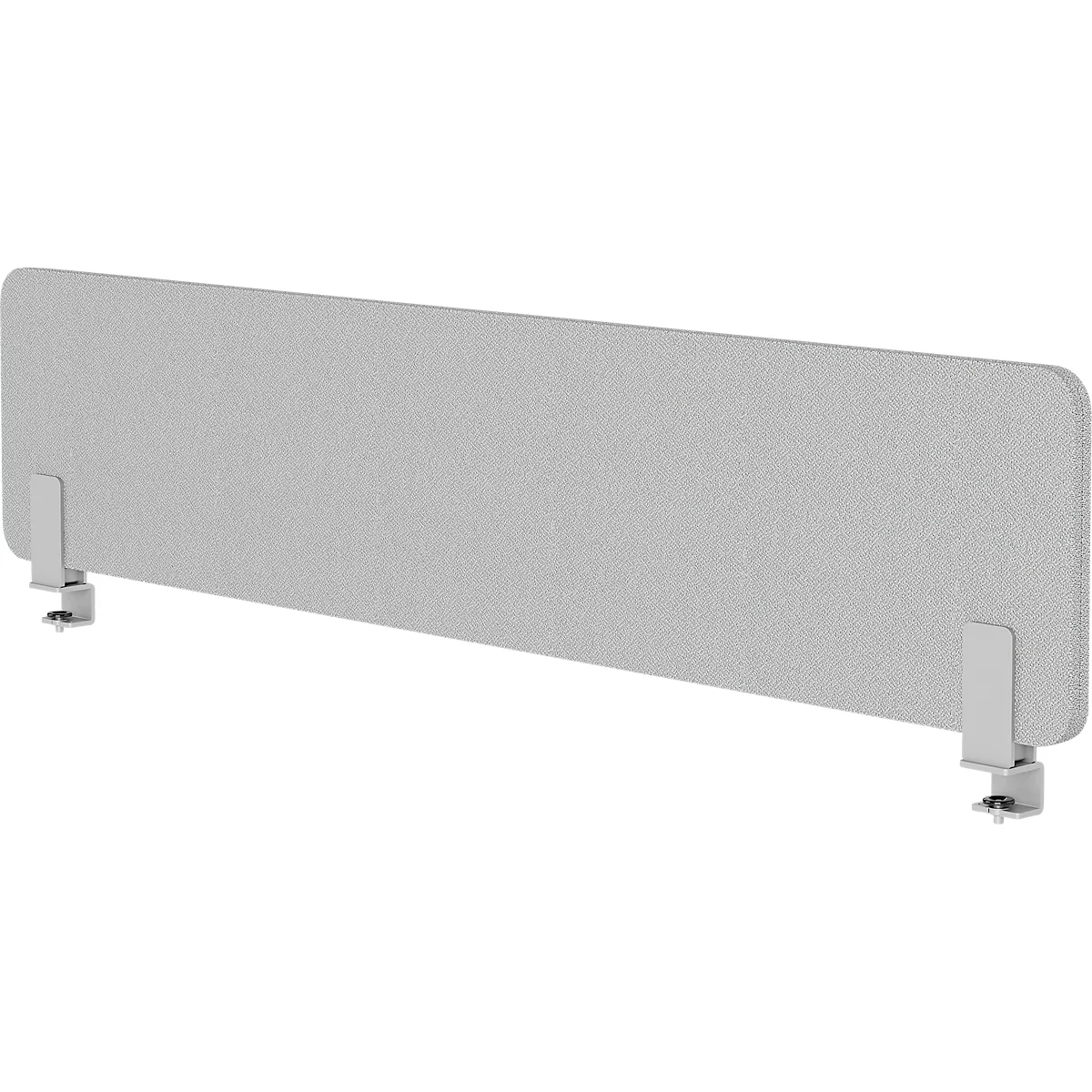 Graue Schreibtisch-Trennwand mit zwei Halterungen. Abgerundete Ecken, graue Oberfläche, und weiße Halter.
