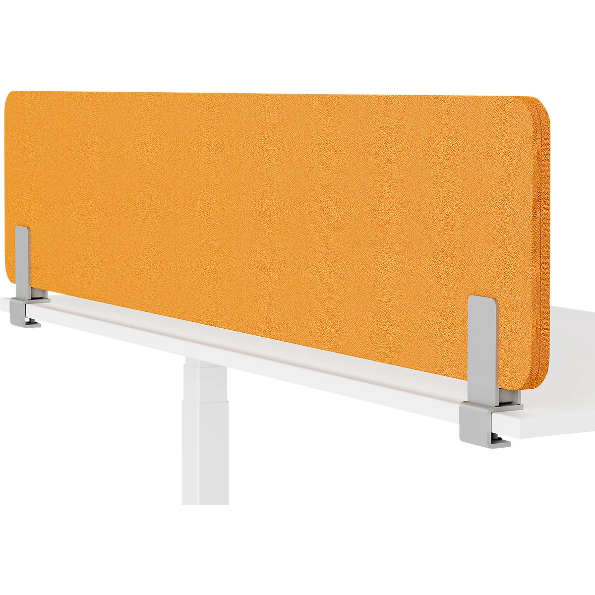 Orangefarbener Tischaufsatz mit grauen Halterungen auf weißem Tisch.