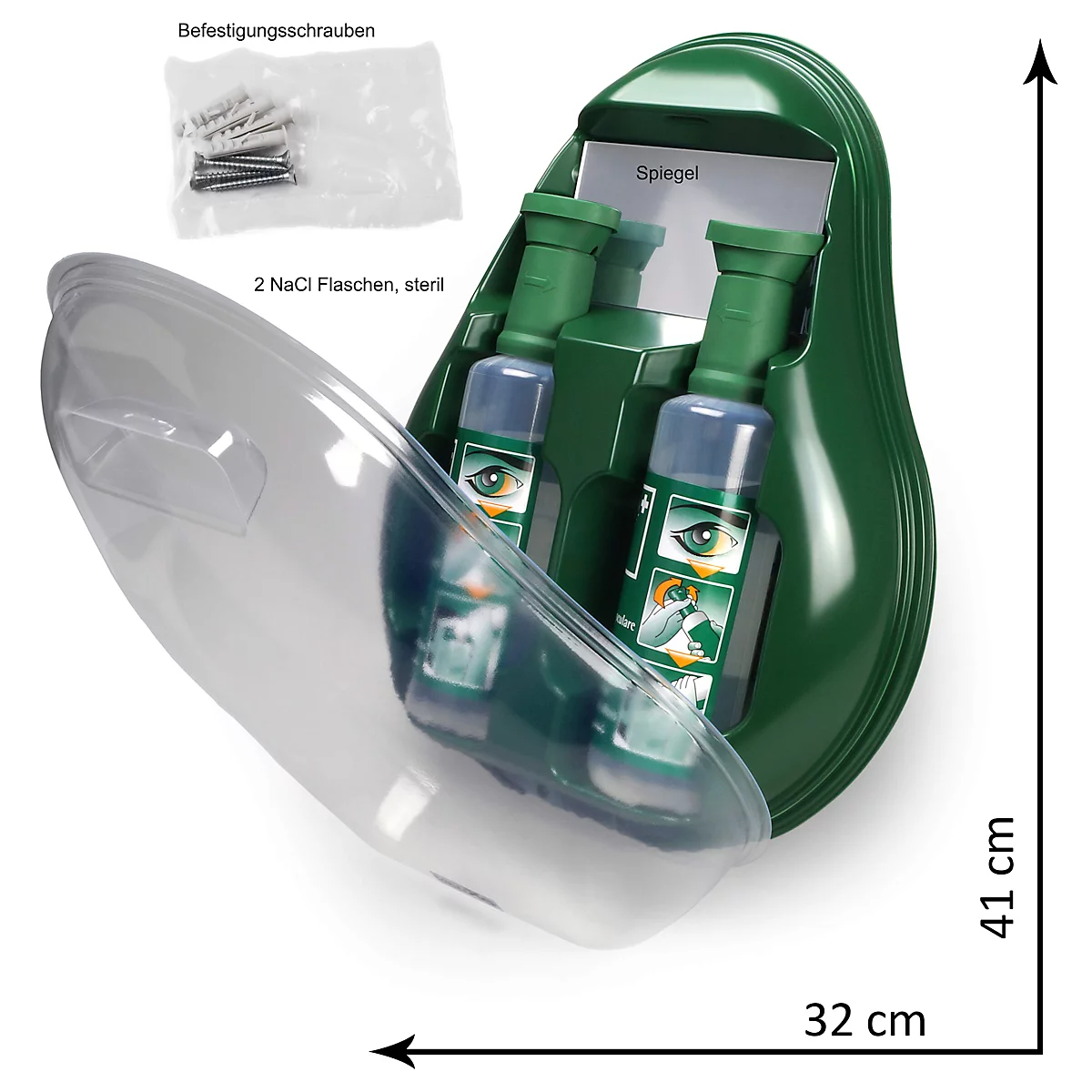 Augenspülstation, Komplettset, mit 2 Spülflasche und Spiegel, Wandmontage