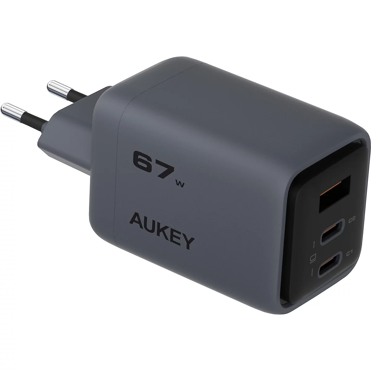 Un chargeur gris avec deux ports USB-C. La surface indique "67W" et "AUKEY".