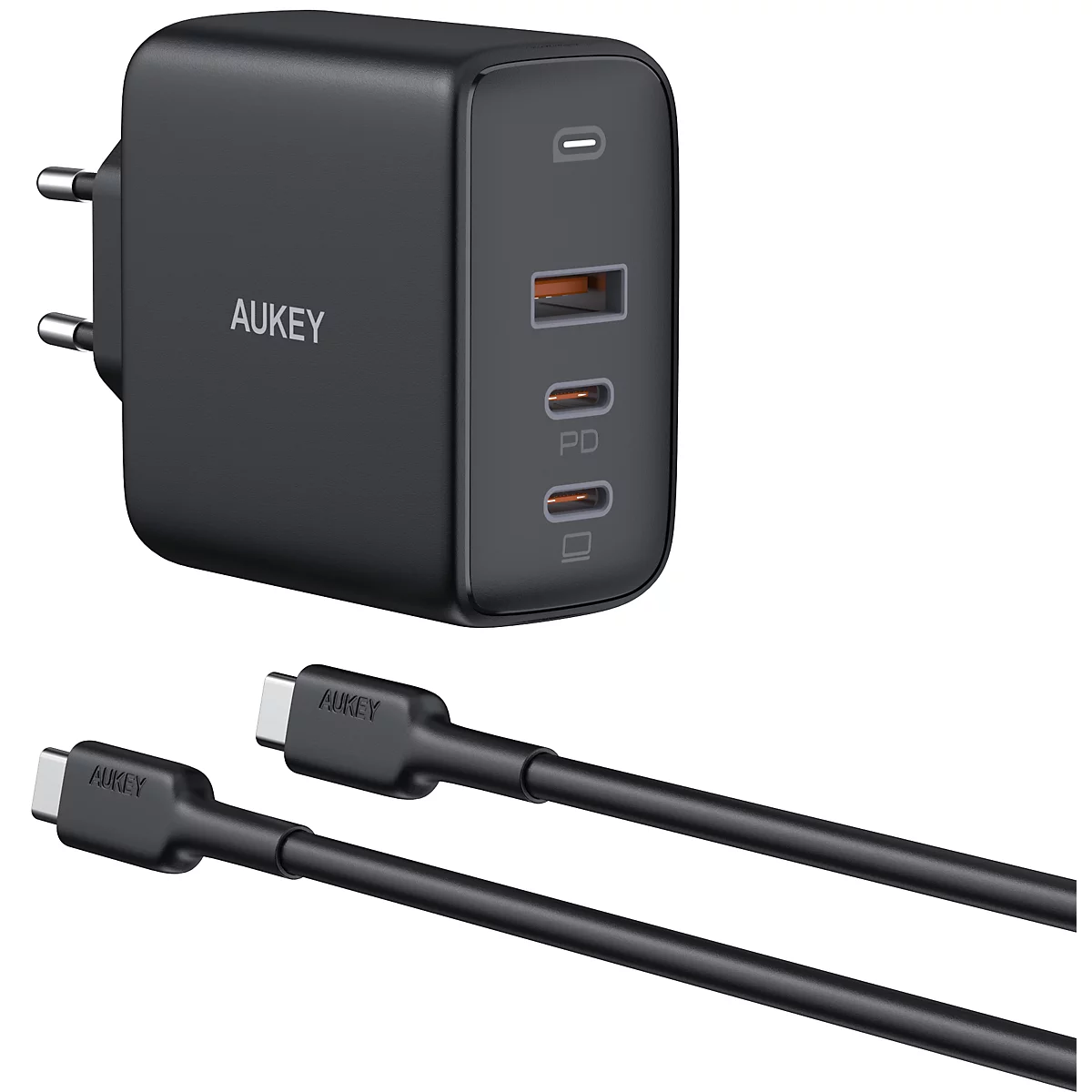 Chargeur noir et deux câbles USB-C ; "AUKEY" et "PD" sont visibles sur le chargeur.