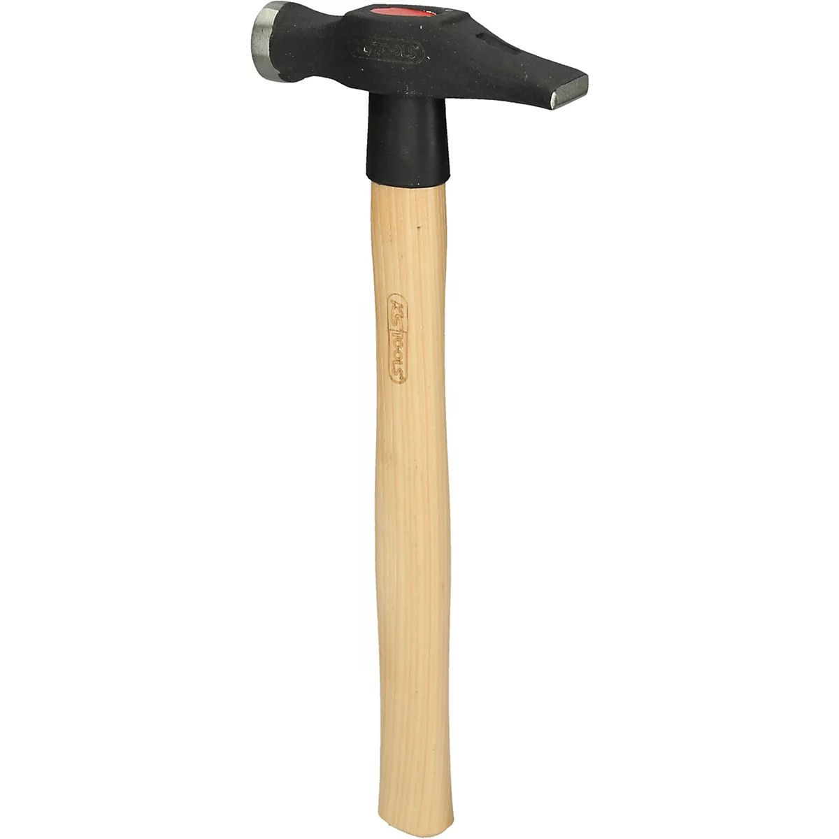 Ein Hammer mit Holzgriff. Der Hammerkopf ist schwarz und hat eine flache Schlagfläche. Der Holzgriff ist hell.