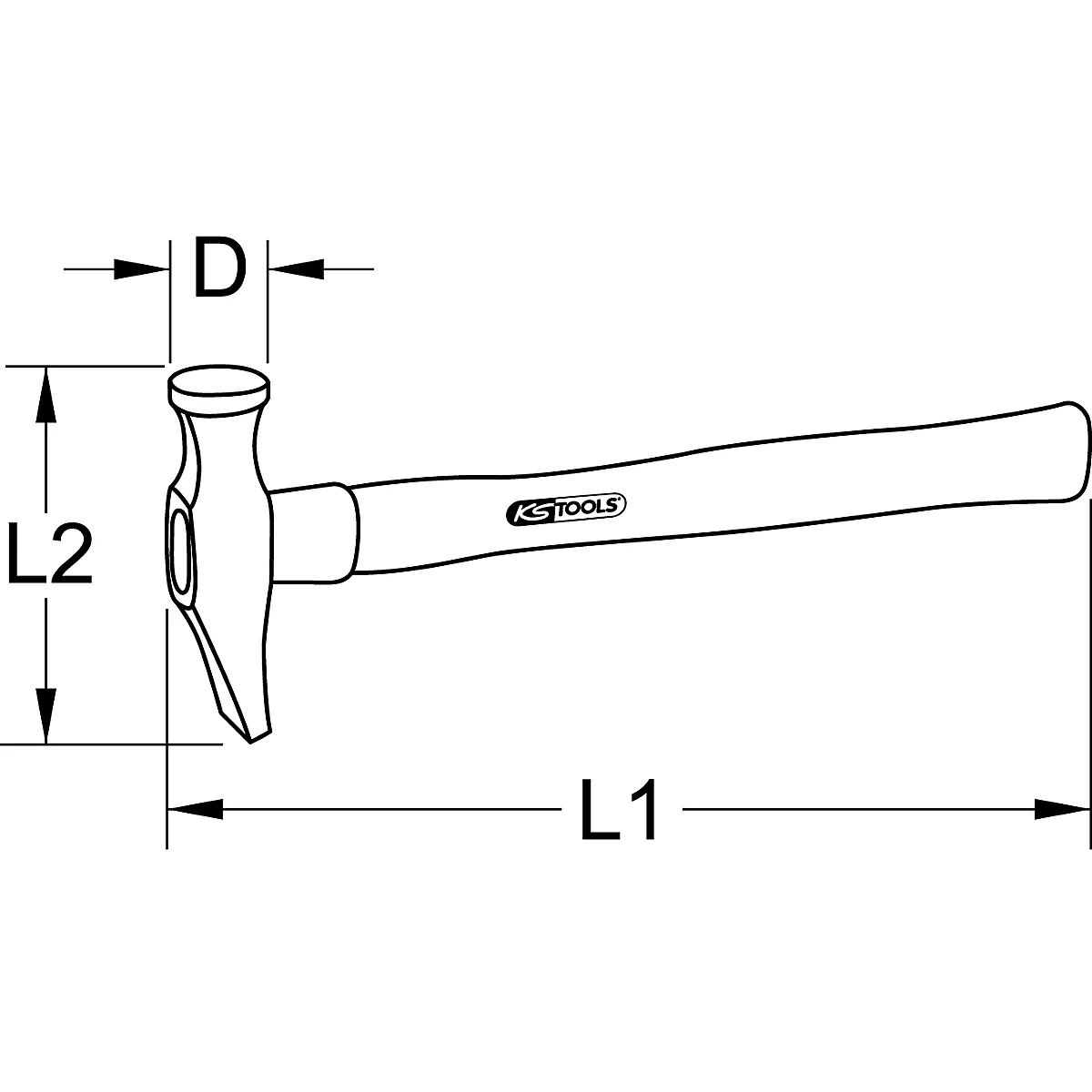 Hammer mit Holzstiel, Seitenansicht. Beschriftung mit Maßangaben und dem Logo 'KS TOOLS'.