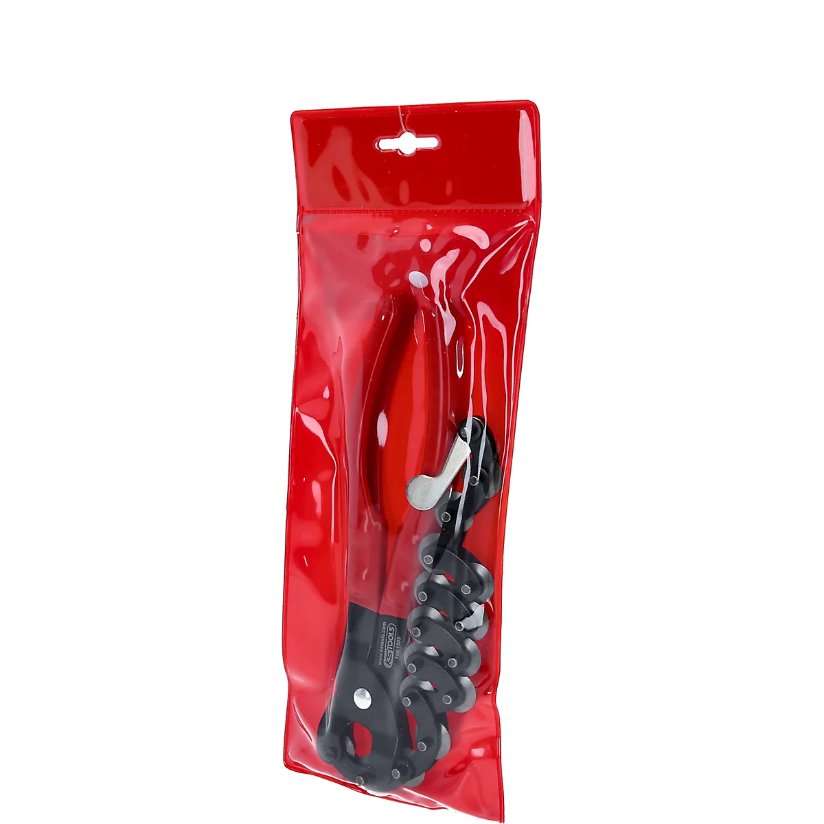Ein schwarzes Klettersteigset in roter Plastikverpackung, mit Klettersteigbremse und Umlenkrolle.