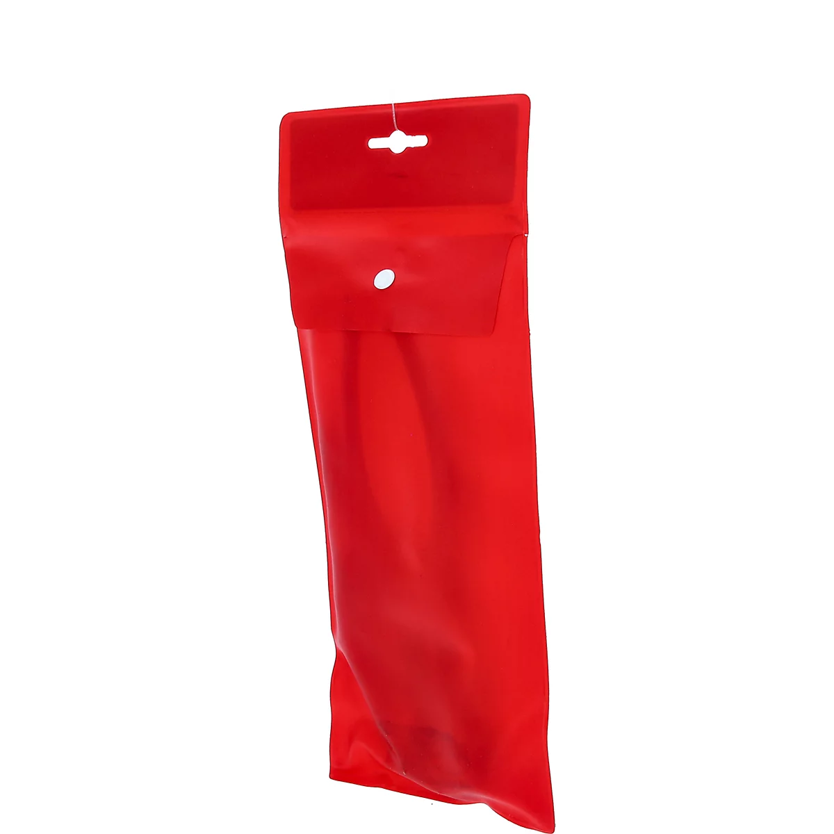 Roter Beutel mit Aufhänger und Knopfverschluss.