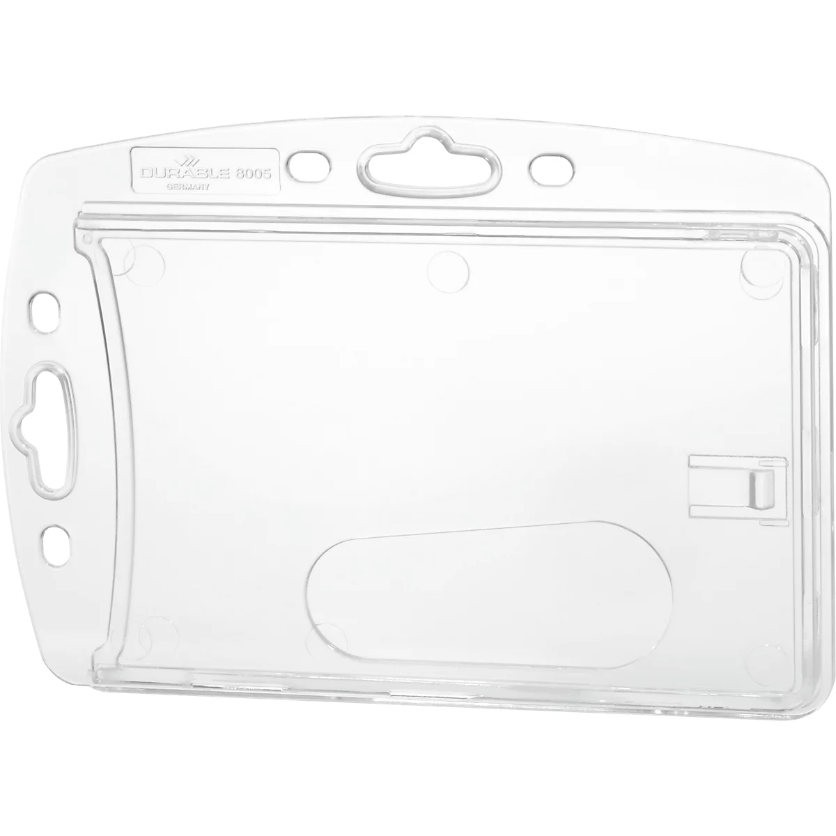 Ausweishalter Durable HARTBOX, für 1 Karte im Hoch-/Querformat, Daumenstanzung, Befestigungslaschen, B 101 x H 71 mm, Polystyrol, transparent, 10 Stück