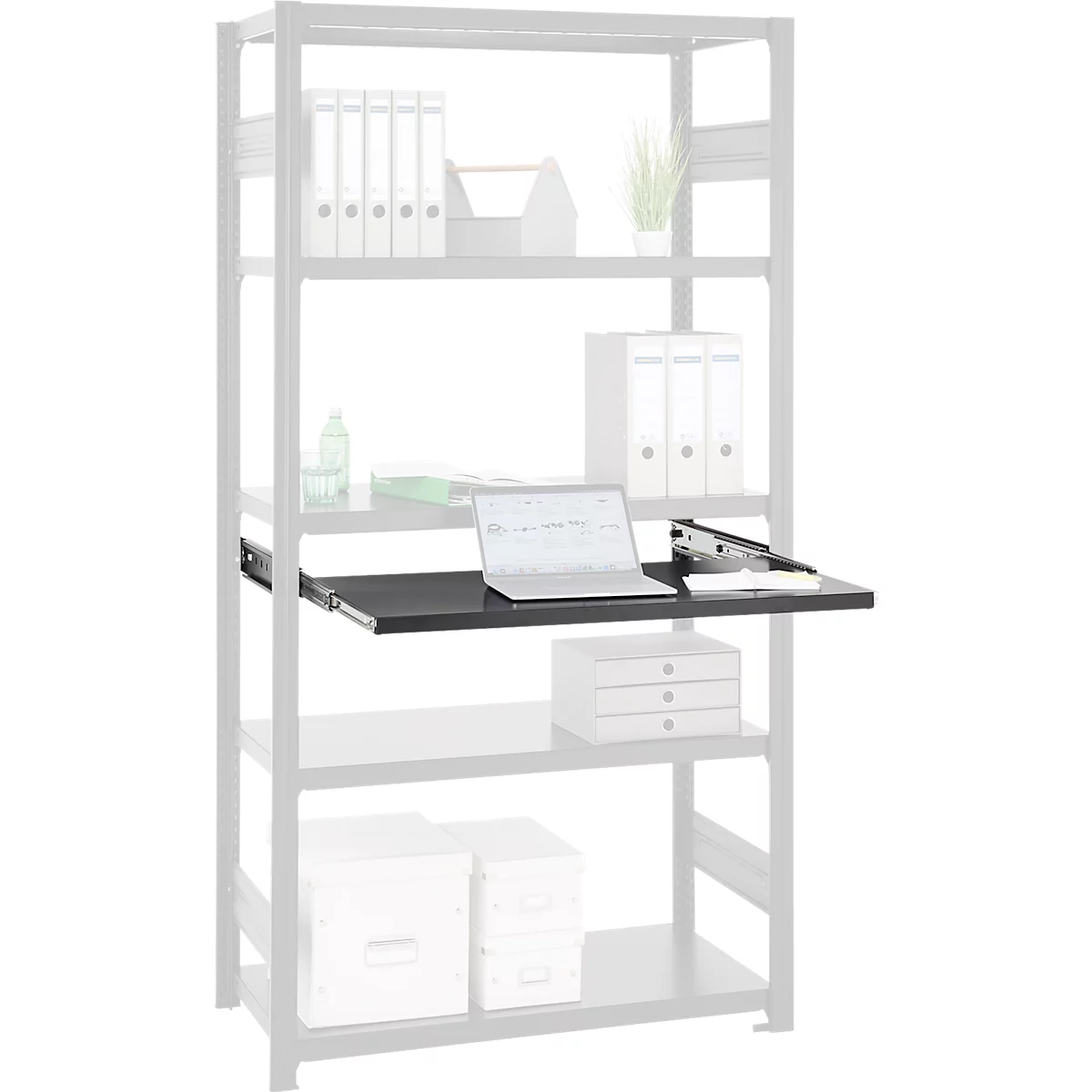 Auszugboden für ORDO Business Regalsysteme, Teleskopschienen-Vollauszug, höhenverstellbar, B 1000 x T 500 mm, Tragkraft 60 kg, tiefschwarz RAL 9005