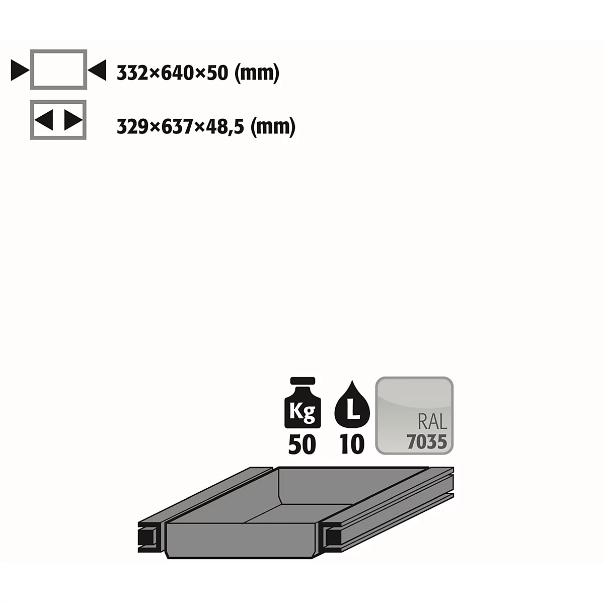 Auszugswanne Entsorgung für asecos Sicherheitsschränke der S90 Serie, Stahlblech, lichtgrau, B 332 x T 605 x H 50 mm, 10 l, bis 50 kg