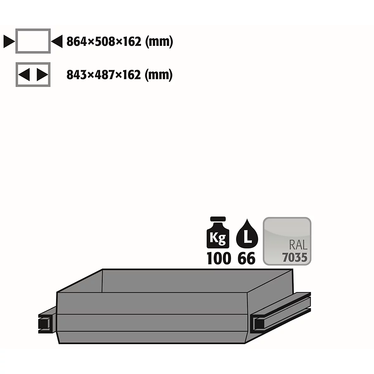 Auszugswanne Schwerlast für asecos Sicherheitsschränke der Q30, Q90 und S90 Serie, Stahlblech, lichtgrau, B 864 x T 508 x H 162 mm, 66 l, bis 100 kg