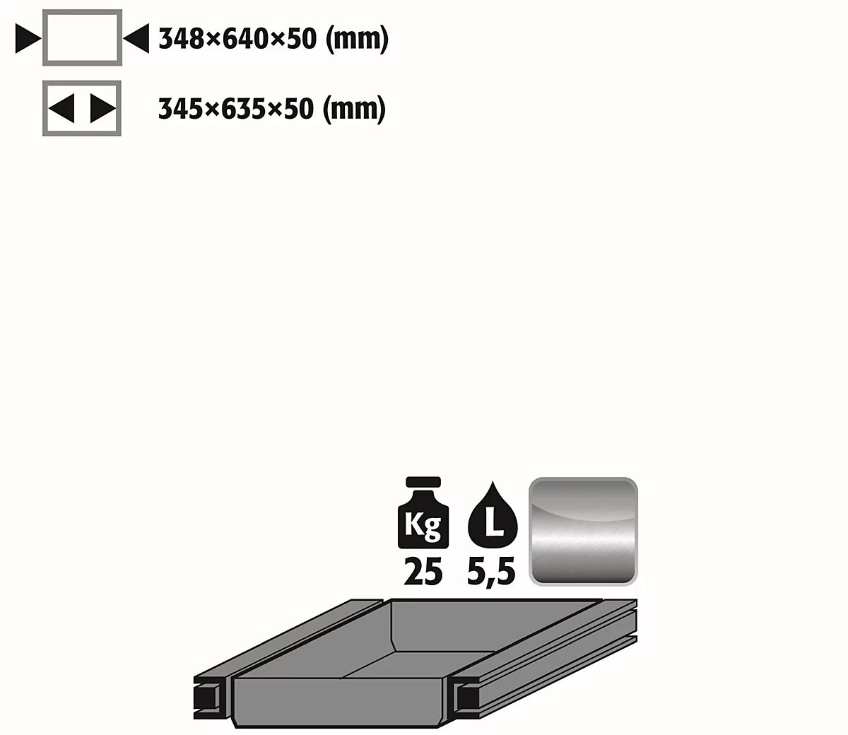 Auszugswanne Standard für asecos Sicherheitsschränke der S90 Serie, Edelstahl 1.4301, B 348 x T 640 x H 50 mm, 5,5 l, bis 25 kg