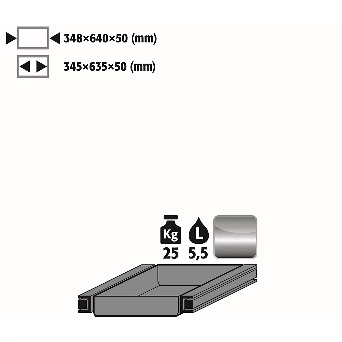 Auszugswanne Standard für asecos Sicherheitsschränke der S90 Serie, Edelstahl 1.4301, B 348 x T 640 x H 50 mm, 5,5 l, bis 25 kg