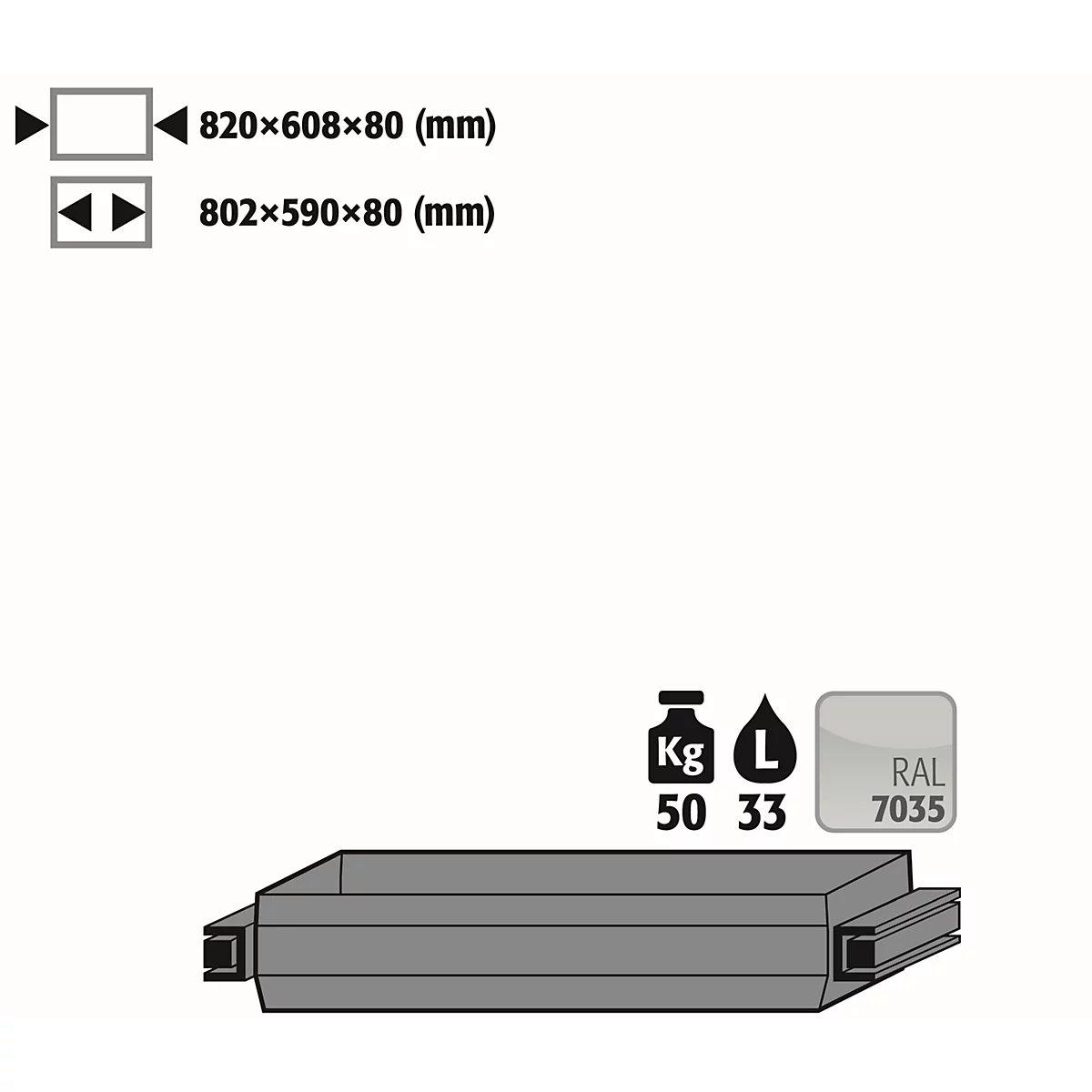 Auszugswanne Stawa-R für asecos Sicherheitsschränke der UB90 Serie, Stahlblech, lichtgrau, B 820 x T 608 x H 91 mm, 33 l, bis 60 kg