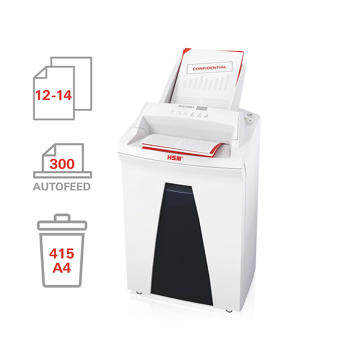 Weißer Aktenvernichter mit Papier und „Vertraulich“-Aufdruck. Grafiken zeigen 12-14 Blatt, 300 Autofeed, und 415 A4.