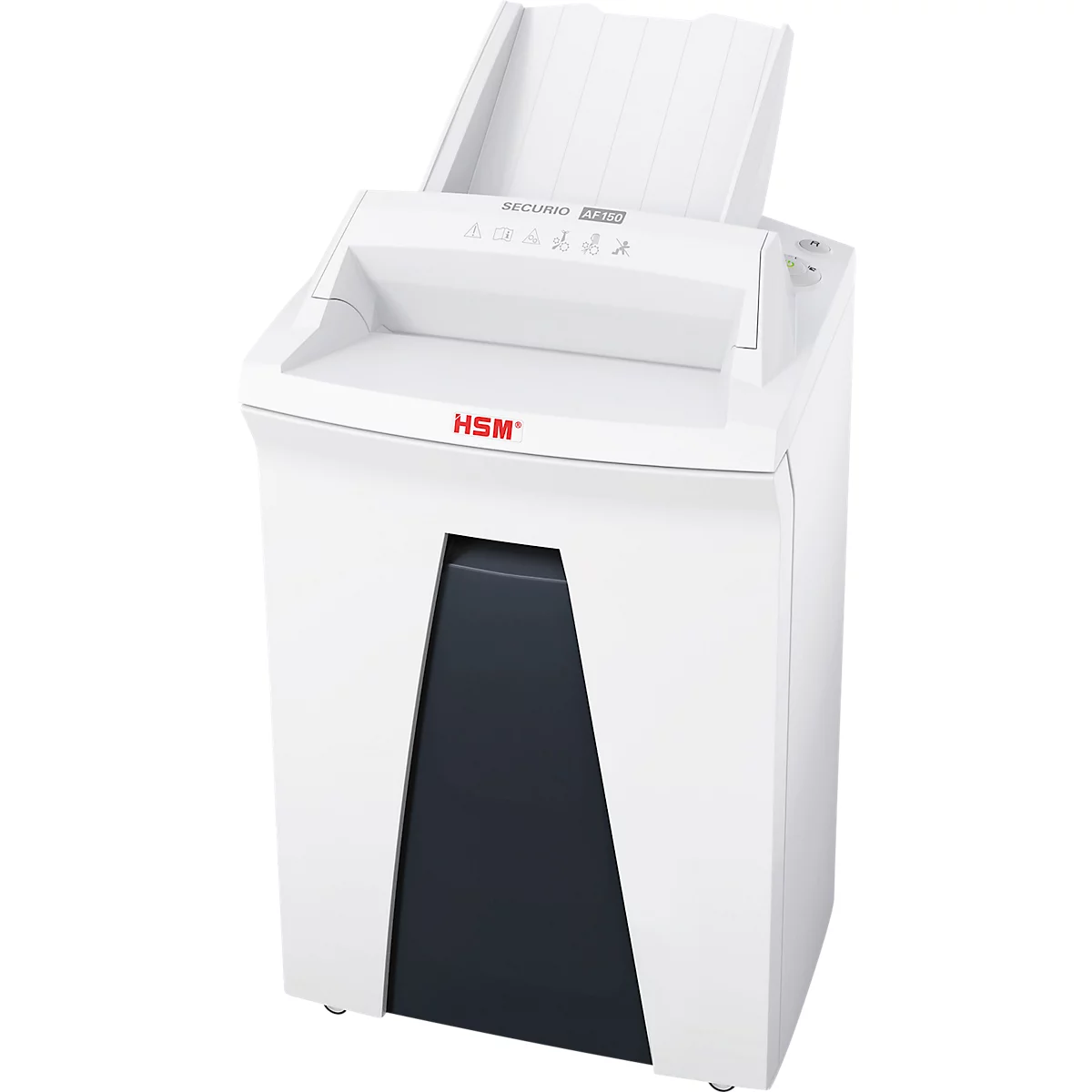 White paper shredder, dark grey door, paper feed tray, red HSM logo. "SECURE" lettering.