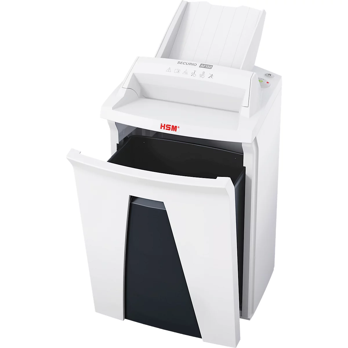 White paper shredder with open black container. The shredder has the red lettering "HSM".