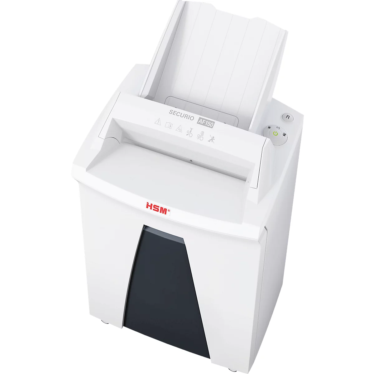 White paper shredder, brand HSM, with control panel and paper feed.