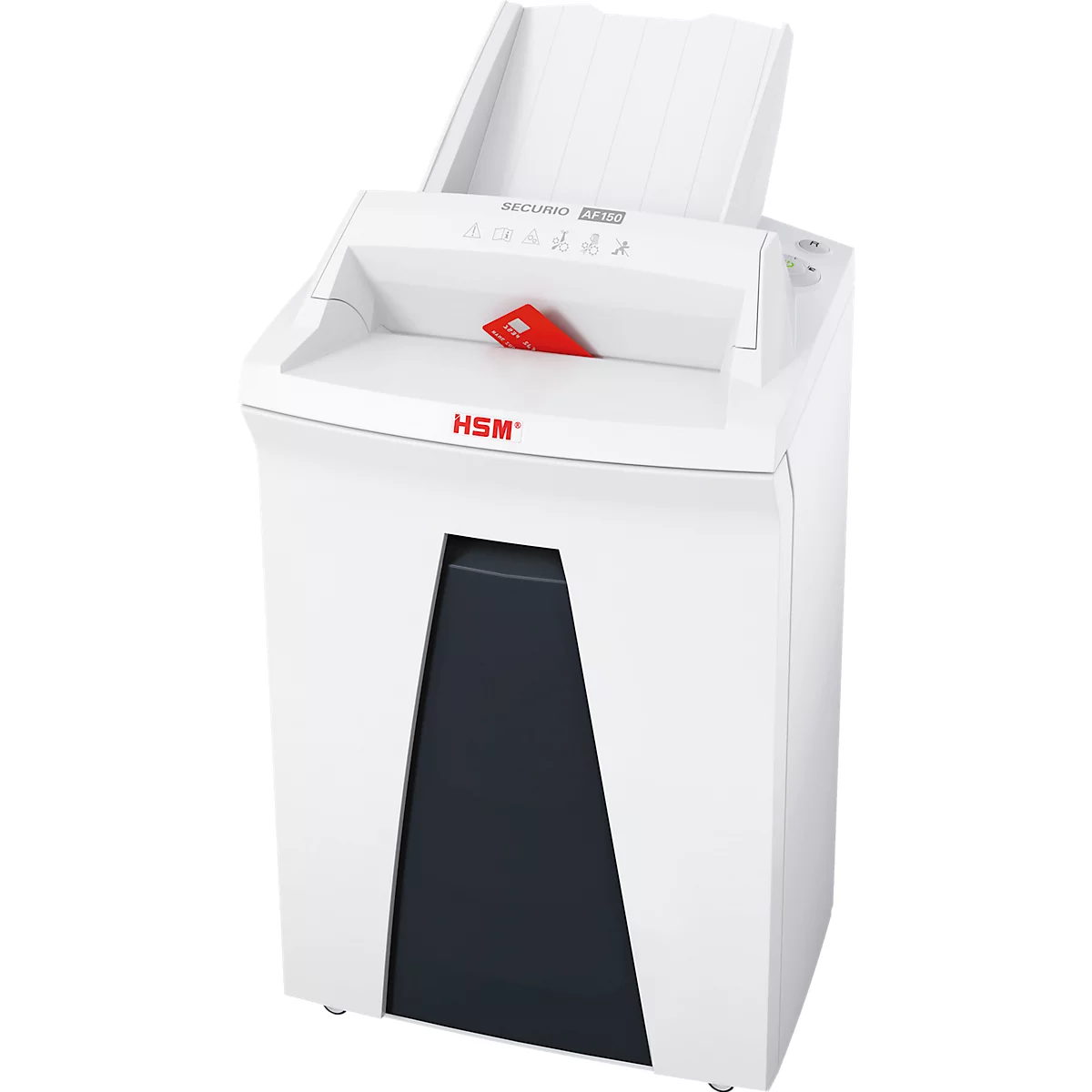 White paper shredder with red credit card. The brand is HSM. Control panel with symbols.