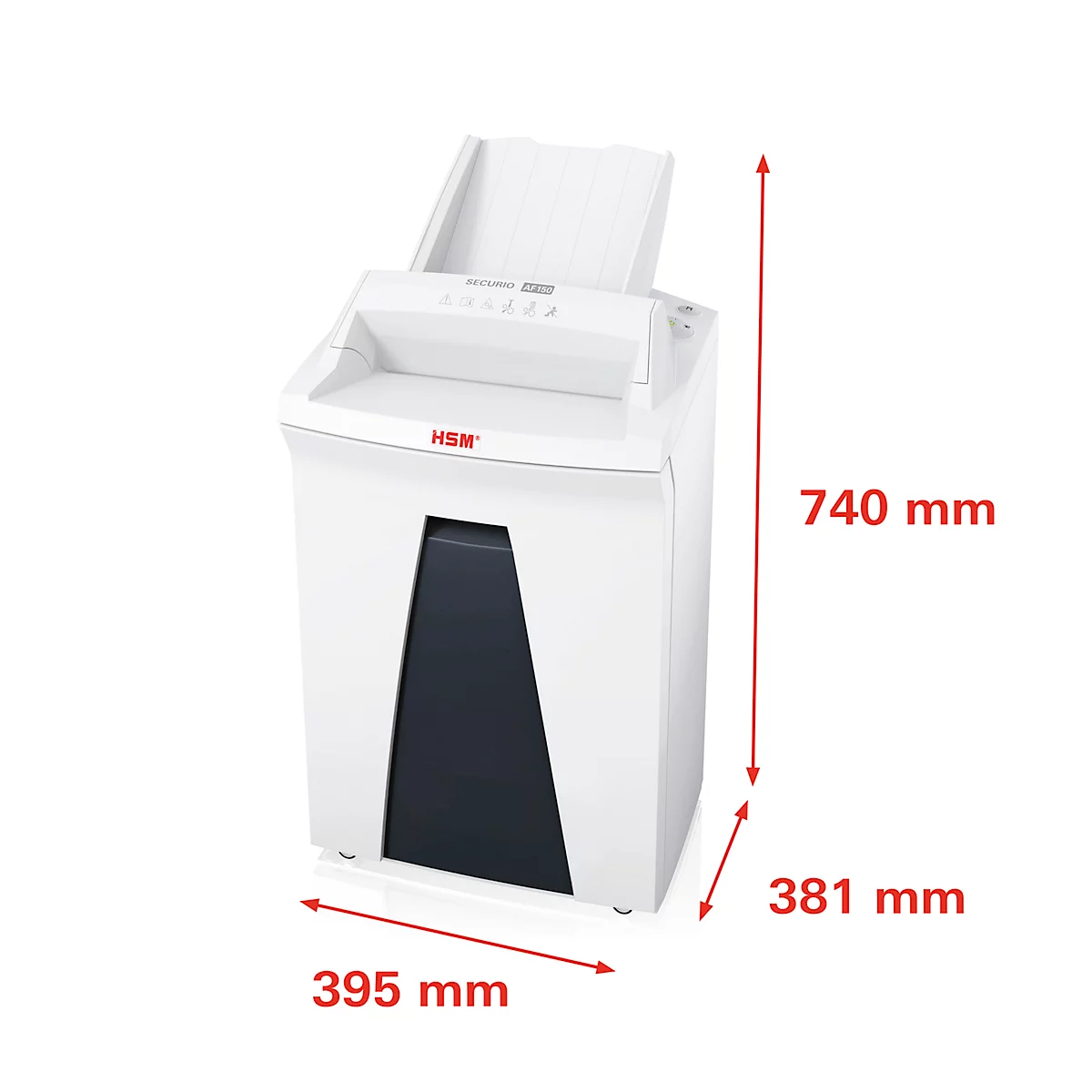 White shredder with dimensions. Paper feed at the top, dark door below. Dimensions: 740 mm high, 395 mm wide, 381 mm deep.