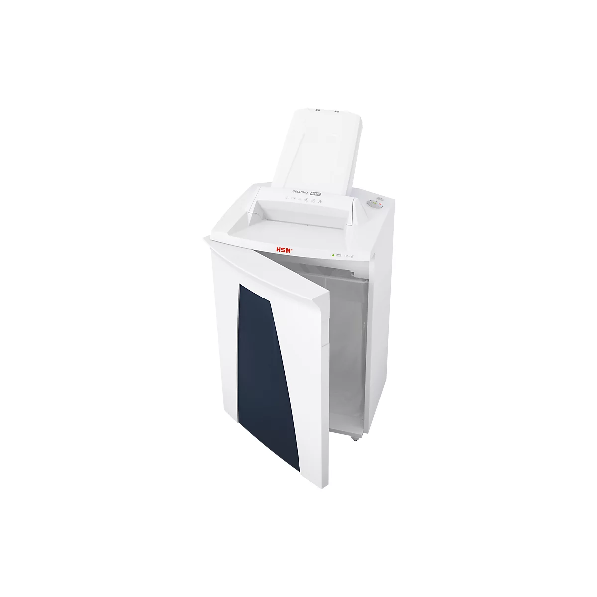 White paper shredder with open door. 'HSM' logo visible.