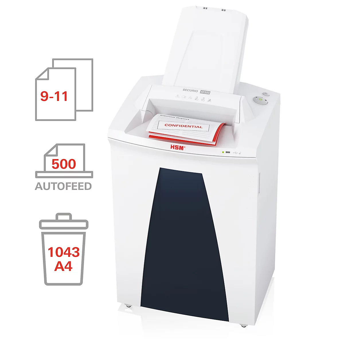 White shredder. A document marked 'CONFIDENTIAL' is in a red folder. Additional logos for sheets, 500 autofeeding and a trash can.