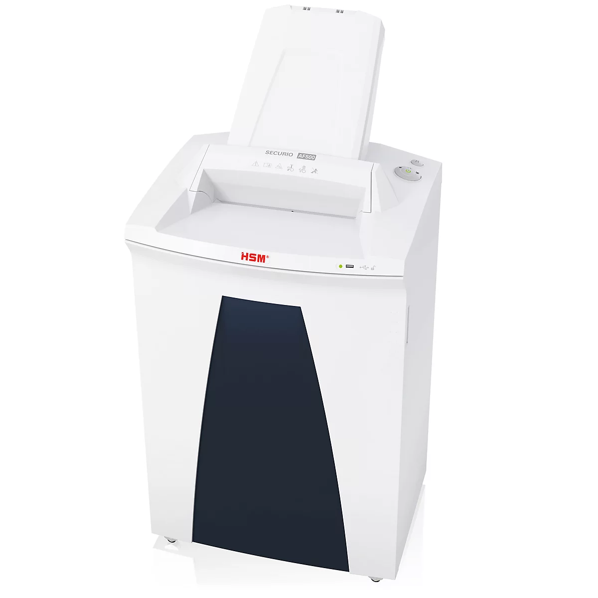 White paper shredder with open lid and dark blue insert. Inscription: HSM.