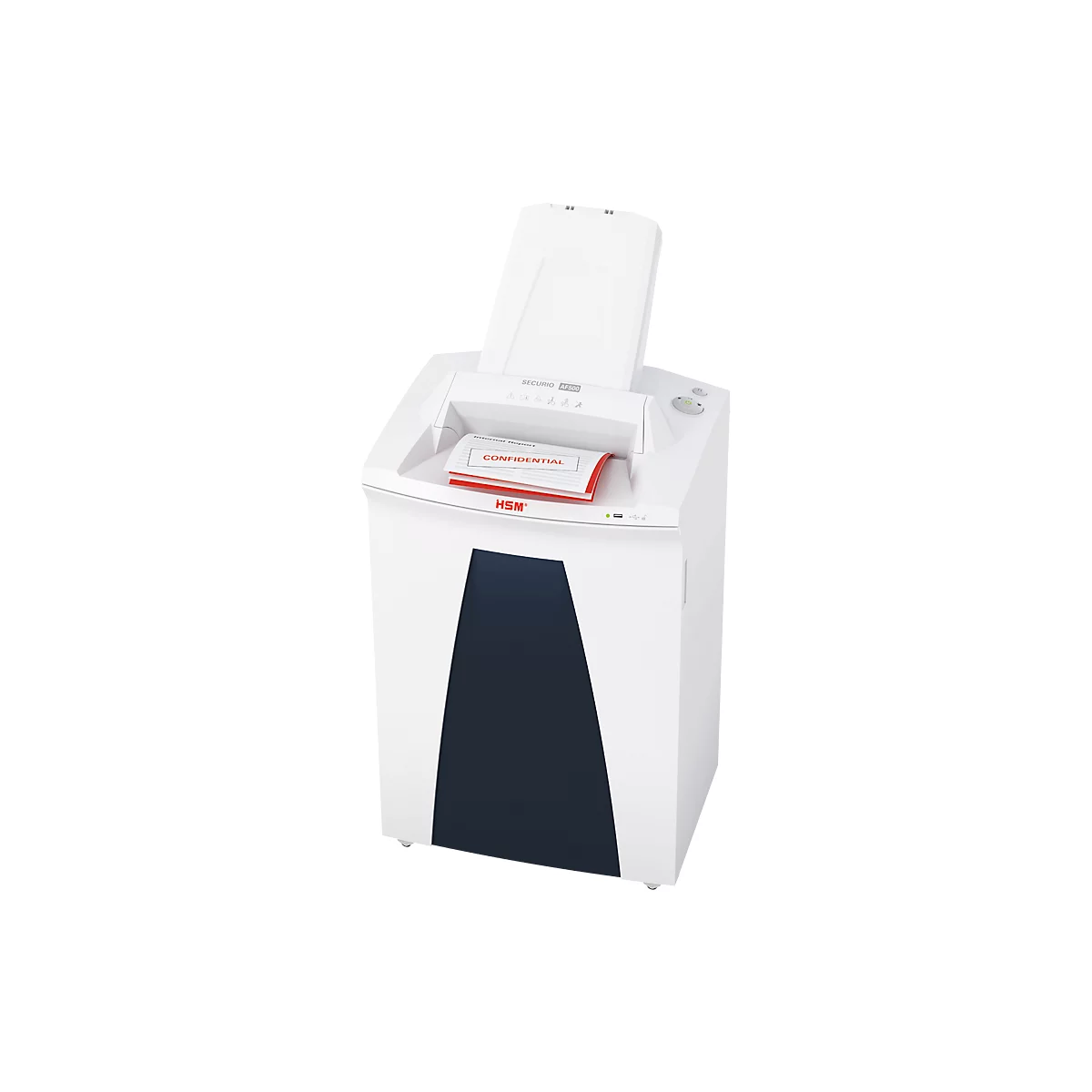 A white paper shredder with a sheet of paper labeled "CONFIDENTIAL".