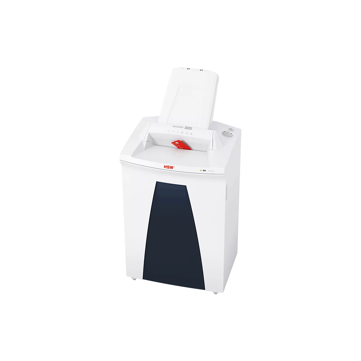 White paper shredder with black accent, shredding a red card. 'HSM' in red is at the top.