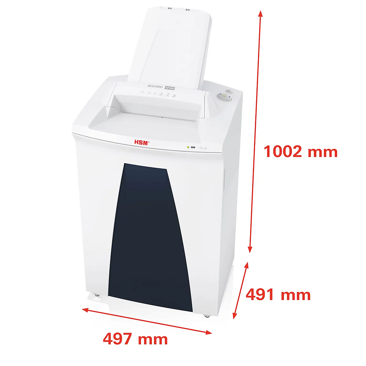 White shredder with blue insert, HSM logo, dimensions provided.