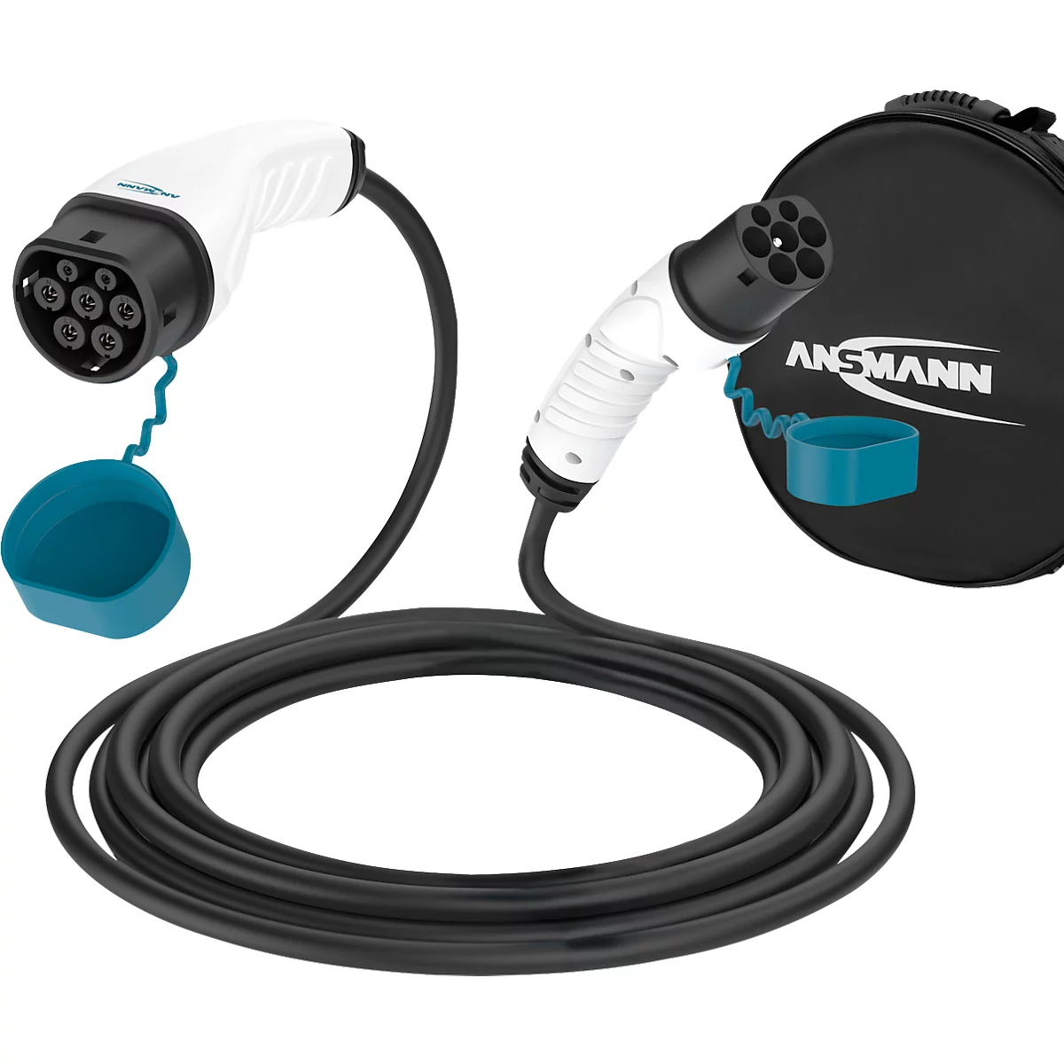Autoladekabel Ansmann, für Elektroautos/Hybridautos, Anschluss Typ 2, 3-phasig, Ladeleistung 11 kW, IP55, Länge 7,5 m, Kunststoff, anthrazit-blau-weiß
