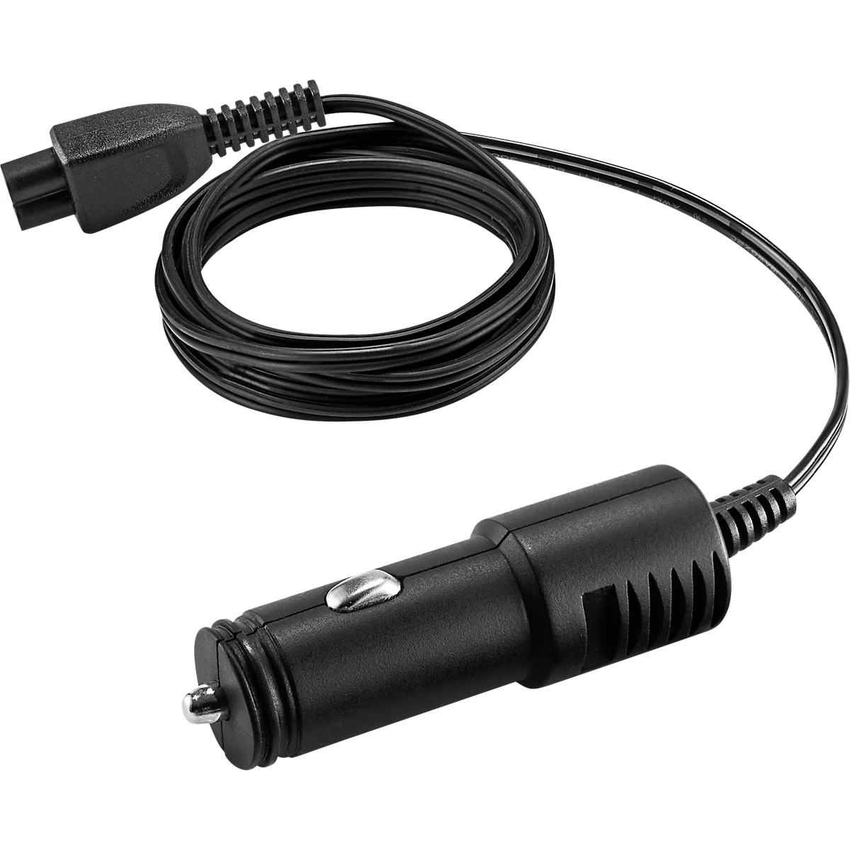 Zwarte auto-oplaadkabel met een stekker, een sigarettenaanstekeradapter en een zwarte kabel.