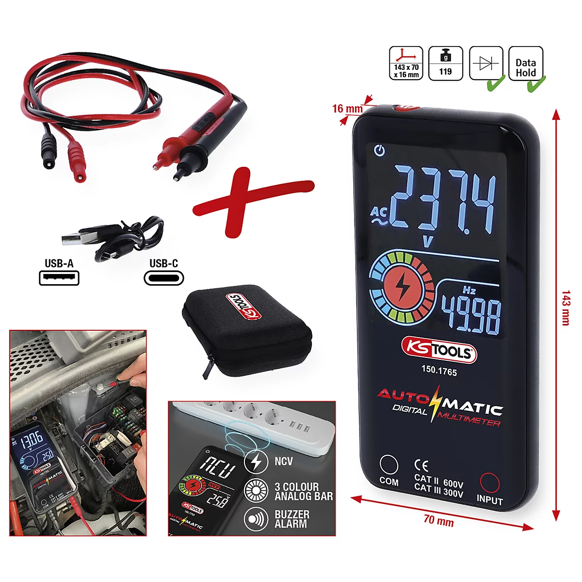 Digitales Multimeter mit Zubehör und Anwendungsbeispielen. Zeigt Spannungs- und Frequenzmessungen, sowie ein Diagramm und die Beschriftung KS TOOLS.