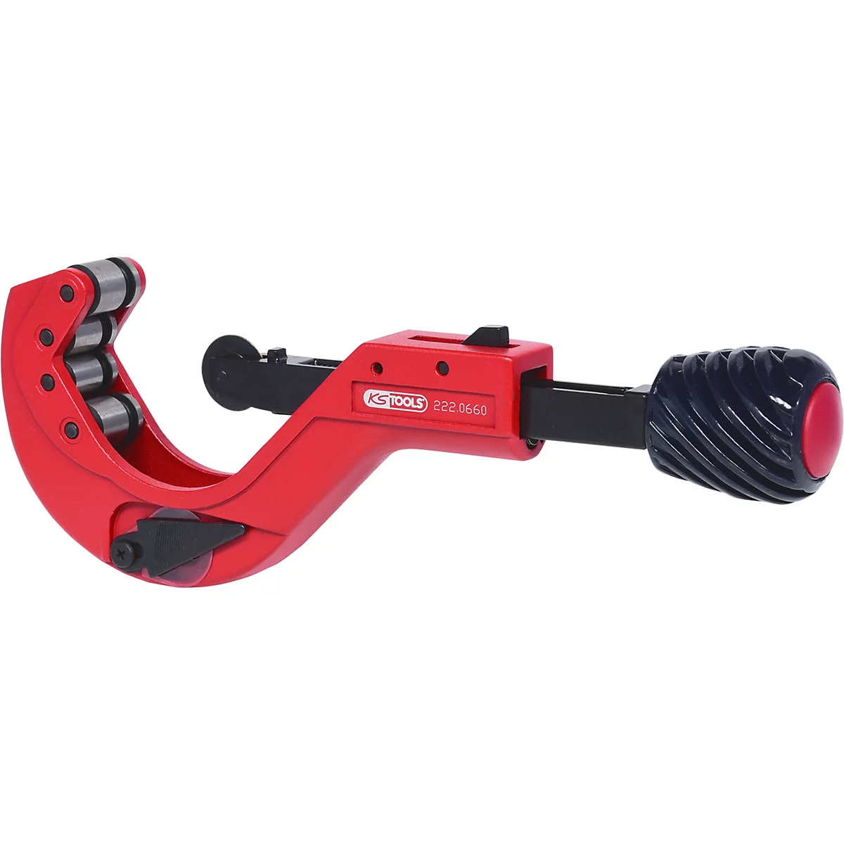 Rotes Rohrschneidwerkzeug mit schwarzem Griff, Rollen und KS TOOLS Aufdruck.
