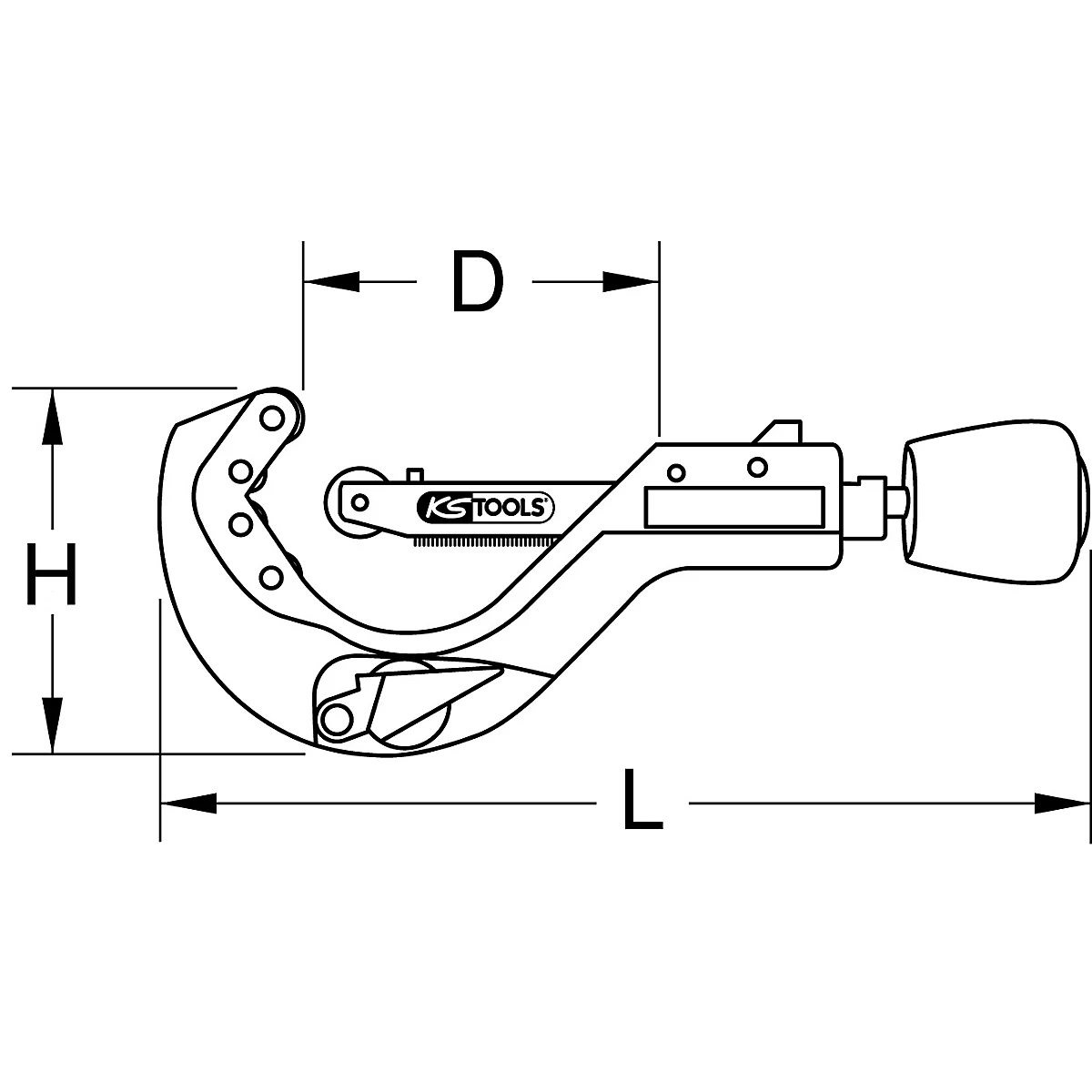 Rohrschneider mit den Maßen H, D und L. Das Werkzeug hat einen Griff und das Logo 'KS TOOLS'.