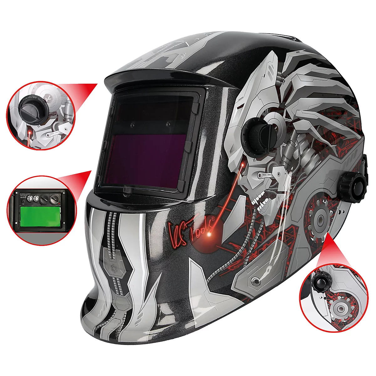 Roboter-Schweißhelm, schwarz-grau mit roten Akzenten. Seitlich Details: Einstellungen, grüne Sichtscheibe und Schriftzug.