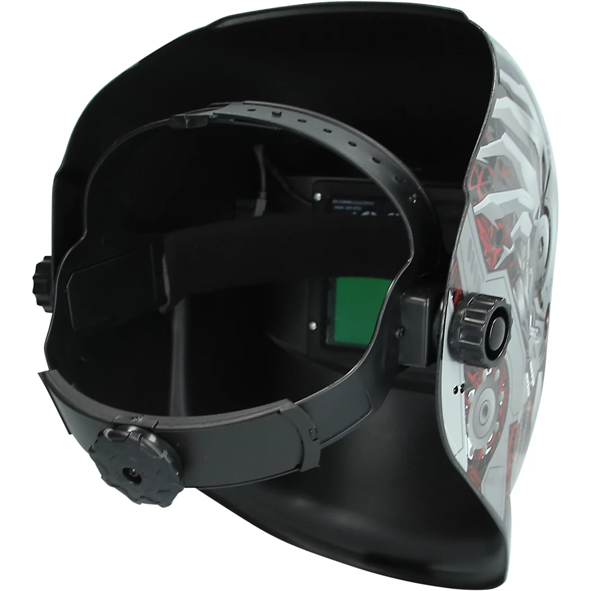 Schweißhelm, schwarz mit Muster und grünem Sichtfenster. Verstellbares Kopfband, Knöpfe für Einstellung.