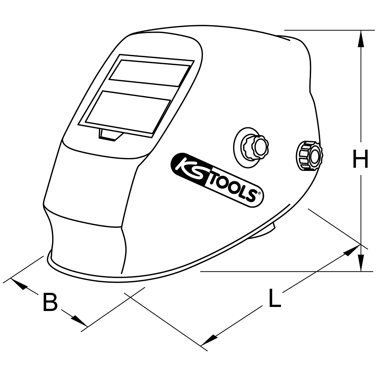 Zwart-witte tekening van een lashelm met KS TOOLS logo en afmetingen.