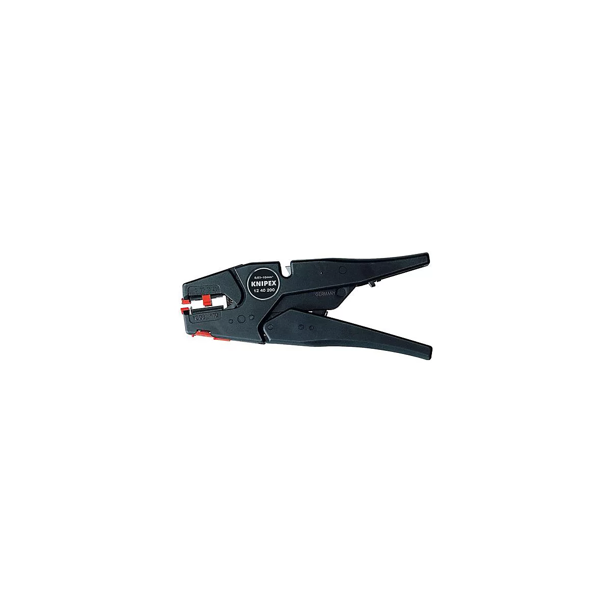 Zwarte automatische draadstripper van Knipex. Met rode accenten en productnaam 12 40 200.